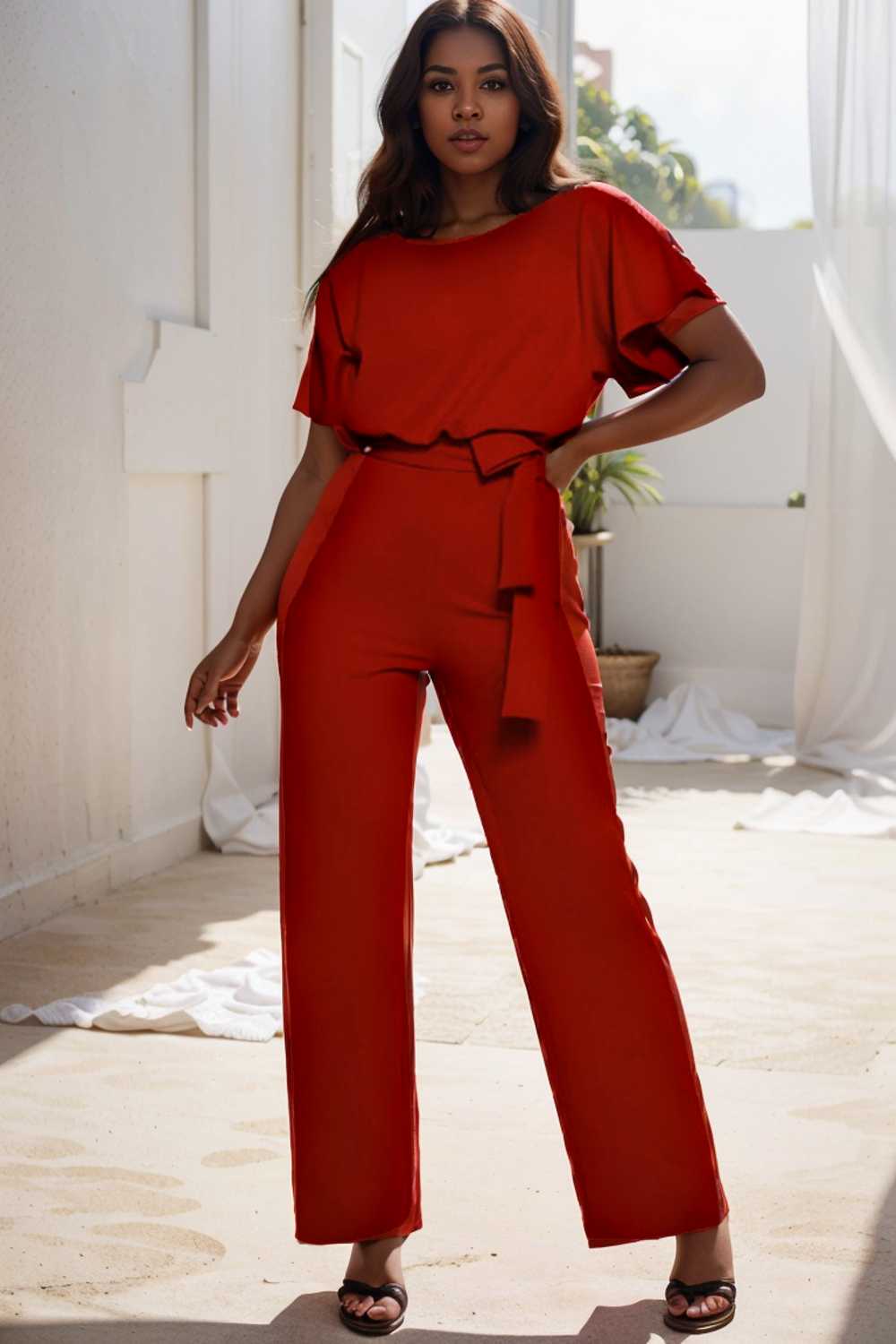 solid five point sleeve belted wide leg jumpsuit 104872