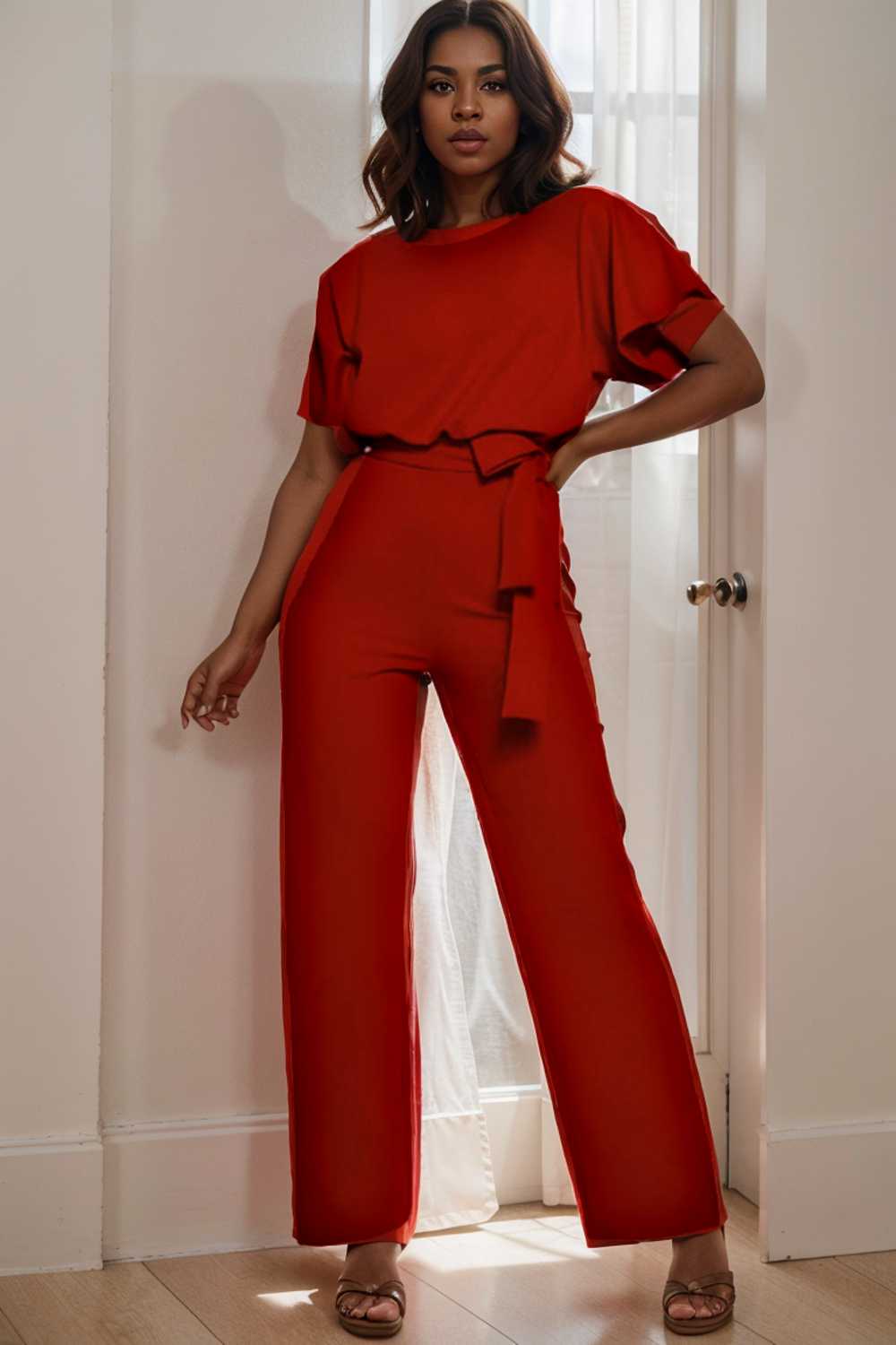 solid five point sleeve belted wide leg jumpsuit 104871