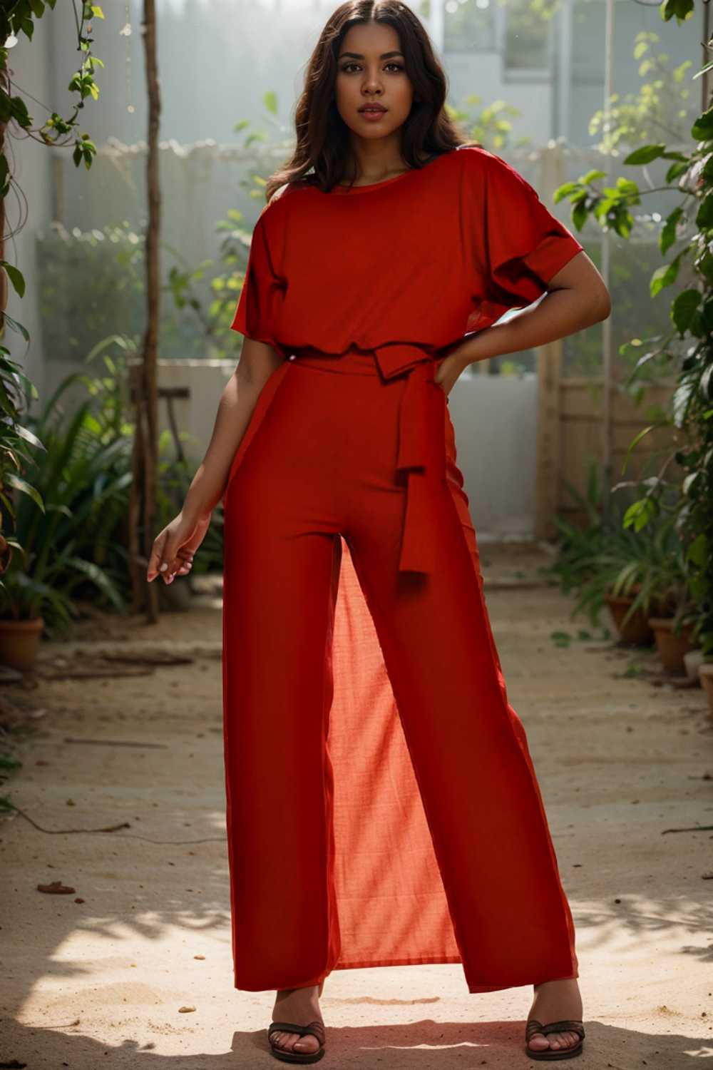 solid five point sleeve belted wide leg jumpsuit 104869