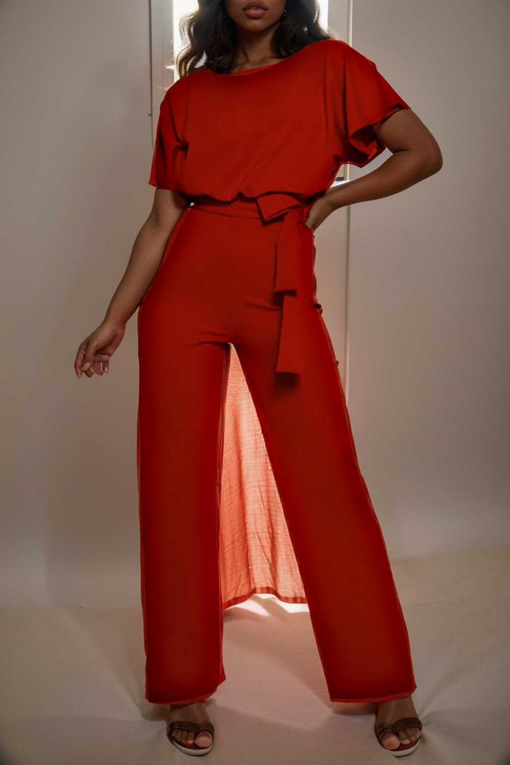 solid five point sleeve belted wide leg jumpsuit 112804
