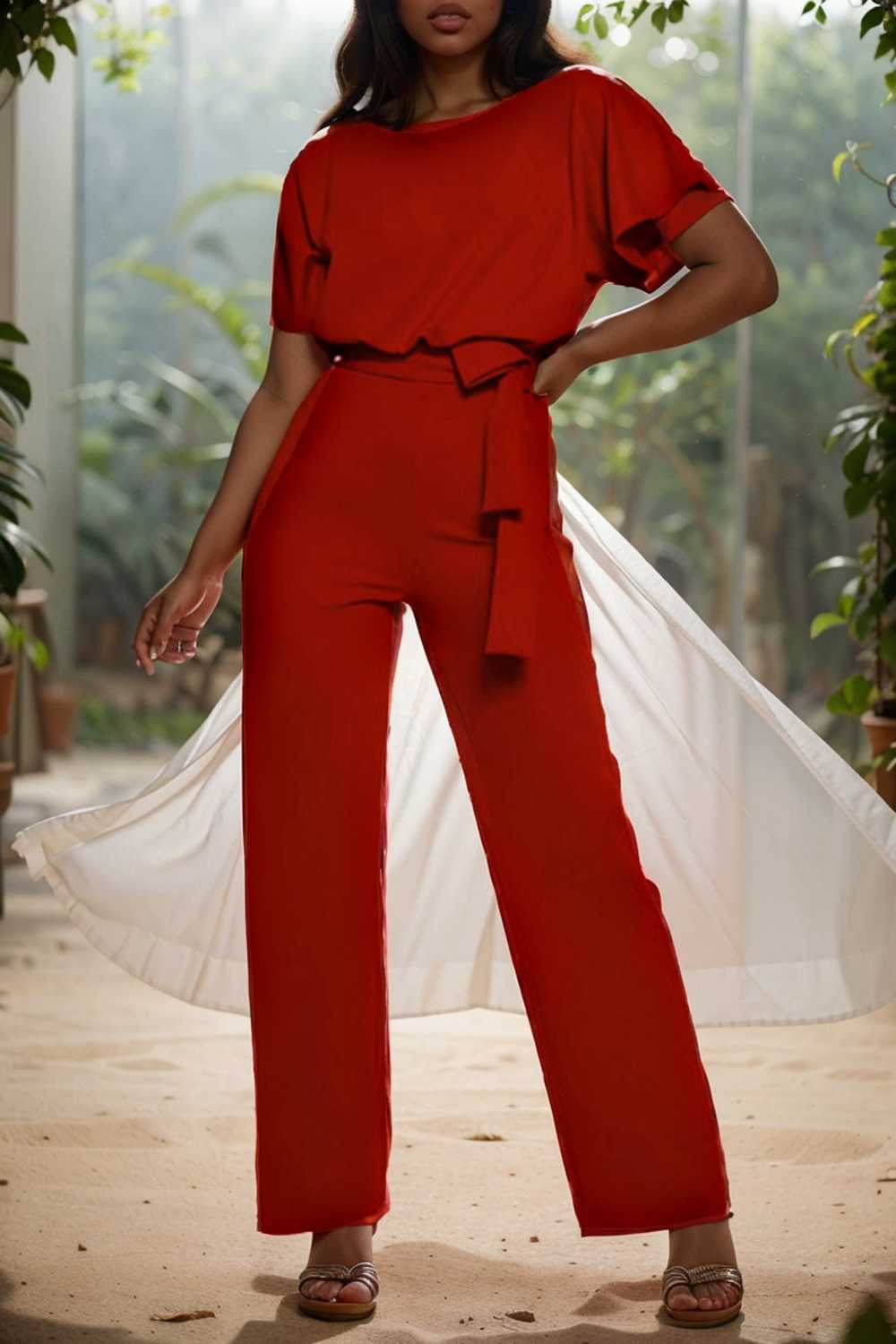 solid five point sleeve belted wide leg jumpsuit 104868
