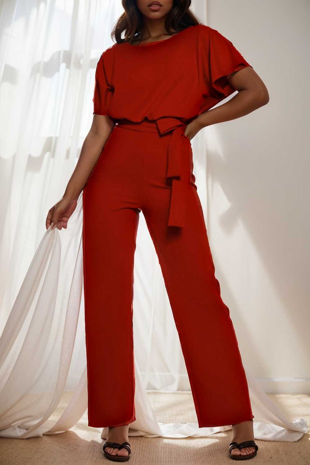solid five point sleeve belted wide leg jumpsuit 104867