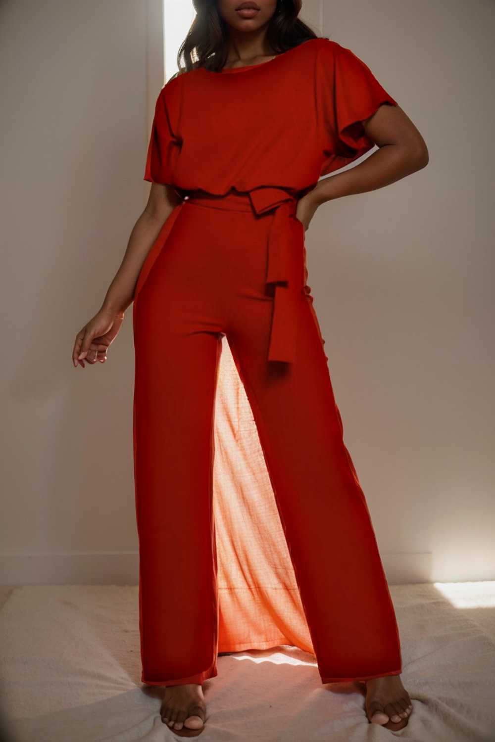 solid five point sleeve belted wide leg jumpsuit 104866
