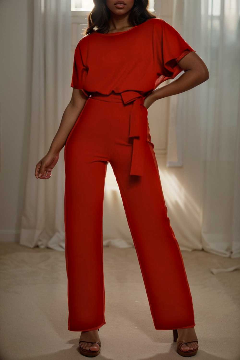 solid five point sleeve belted wide leg jumpsuit 112802