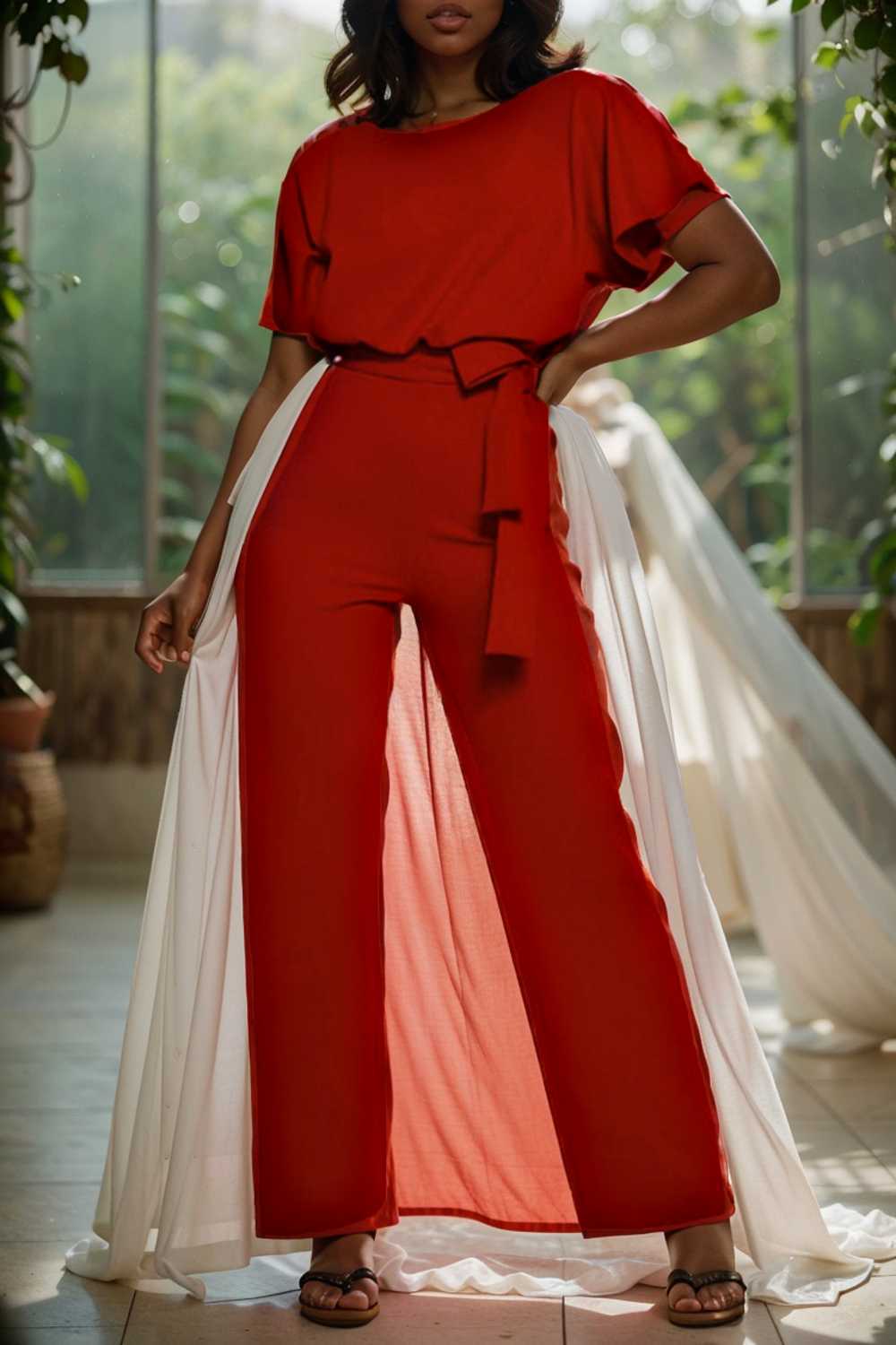solid five point sleeve belted wide leg jumpsuit 104865