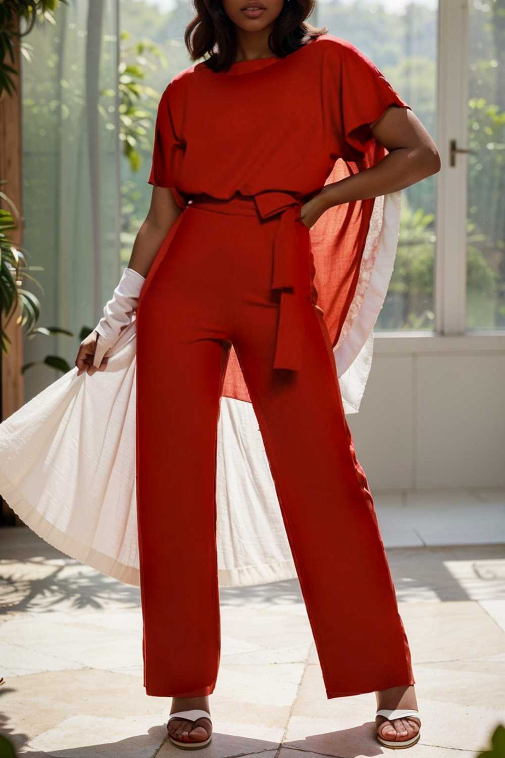 solid five point sleeve belted wide leg jumpsuit 104864