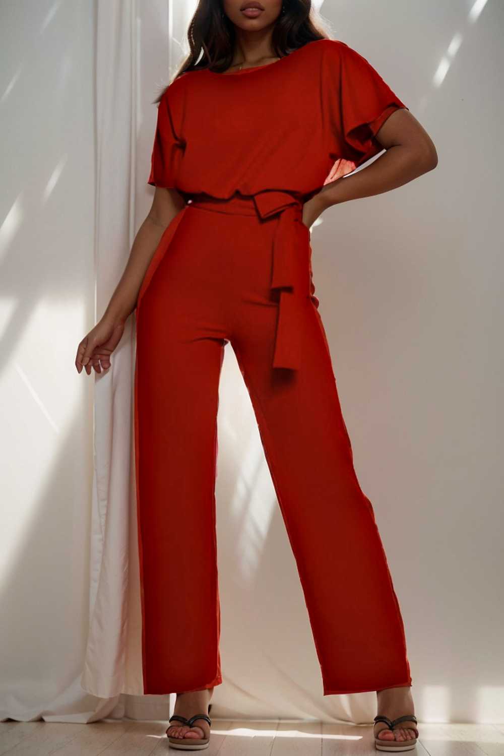 solid five point sleeve belted wide leg jumpsuit 104863