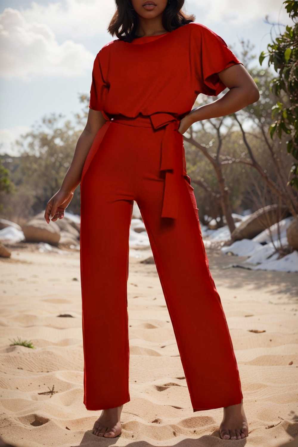 solid five point sleeve belted wide leg jumpsuit 104862