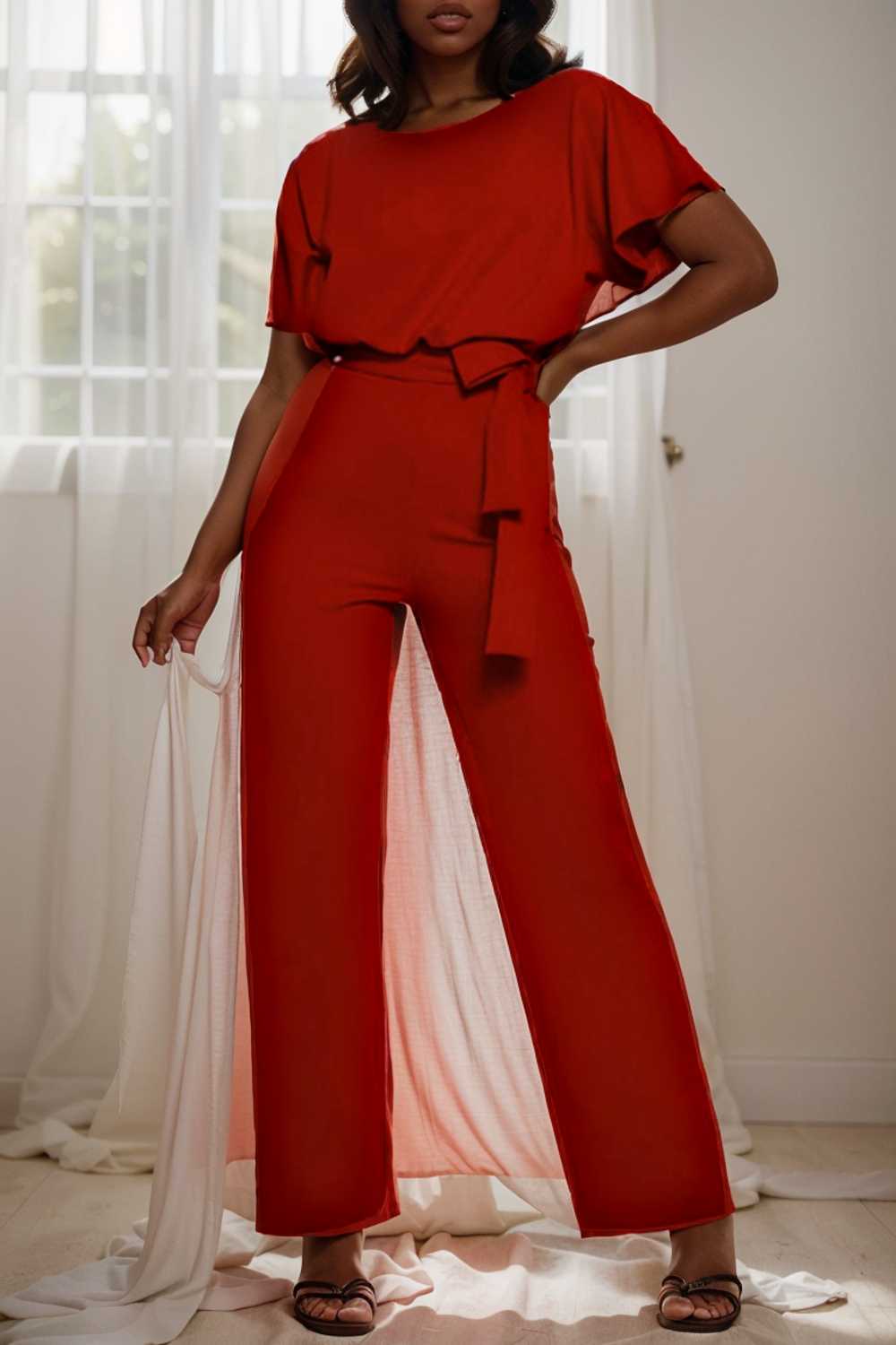 solid five point sleeve belted wide leg jumpsuit 104861