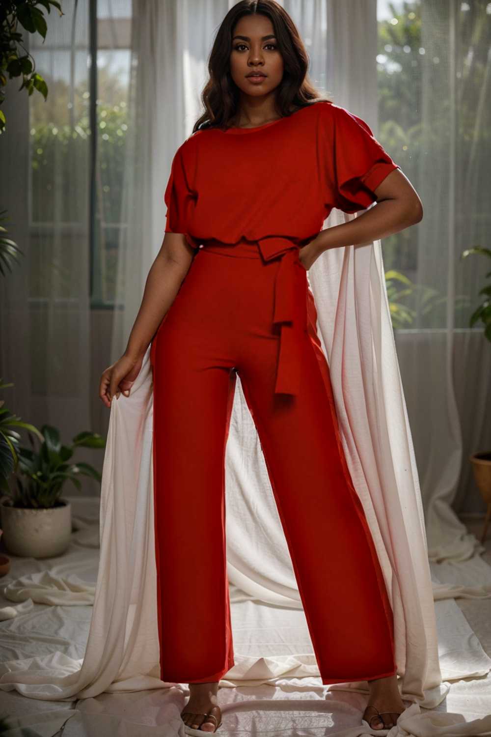 solid five point sleeve belted wide leg jumpsuit 111060