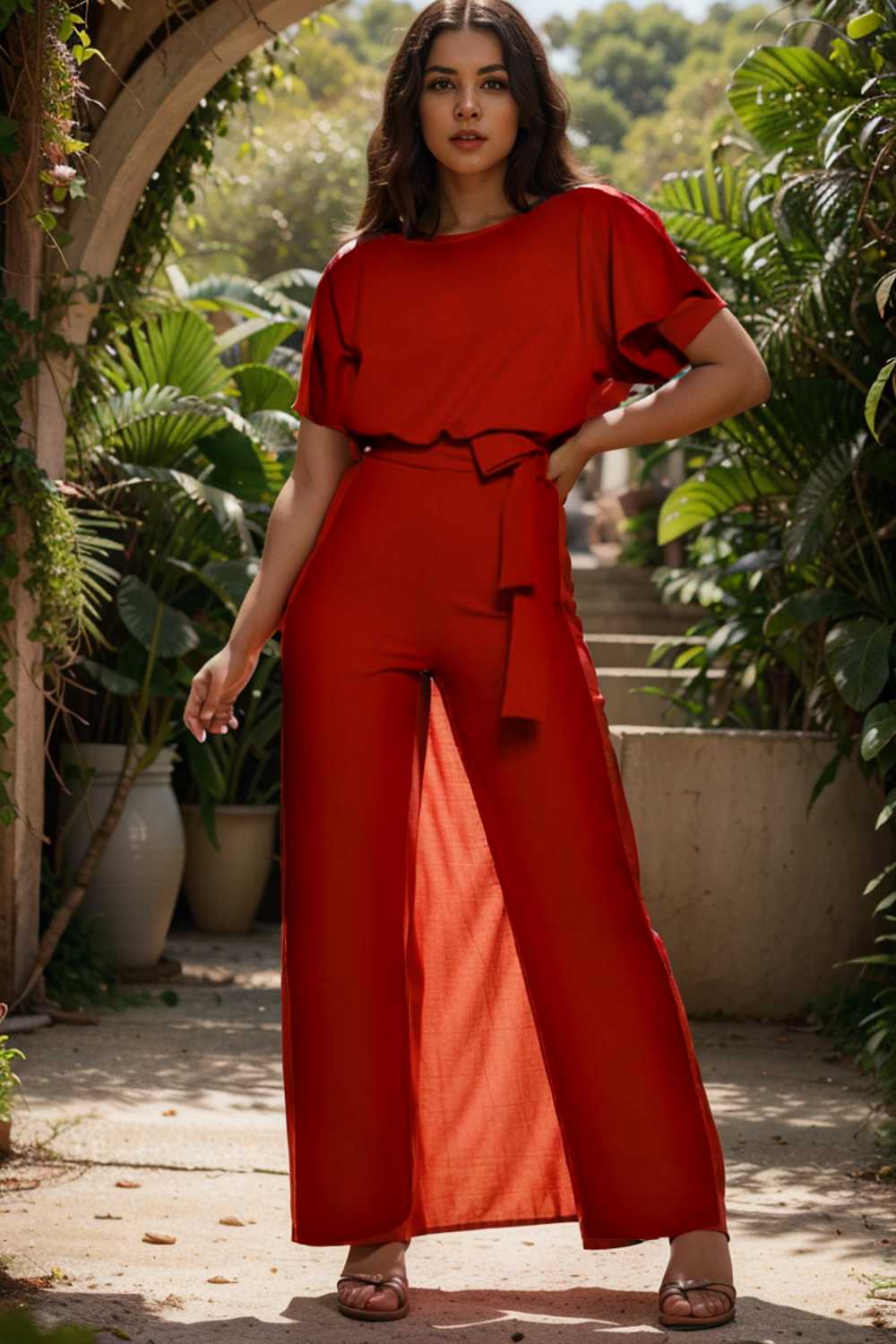 solid five point sleeve belted wide leg jumpsuit 112801