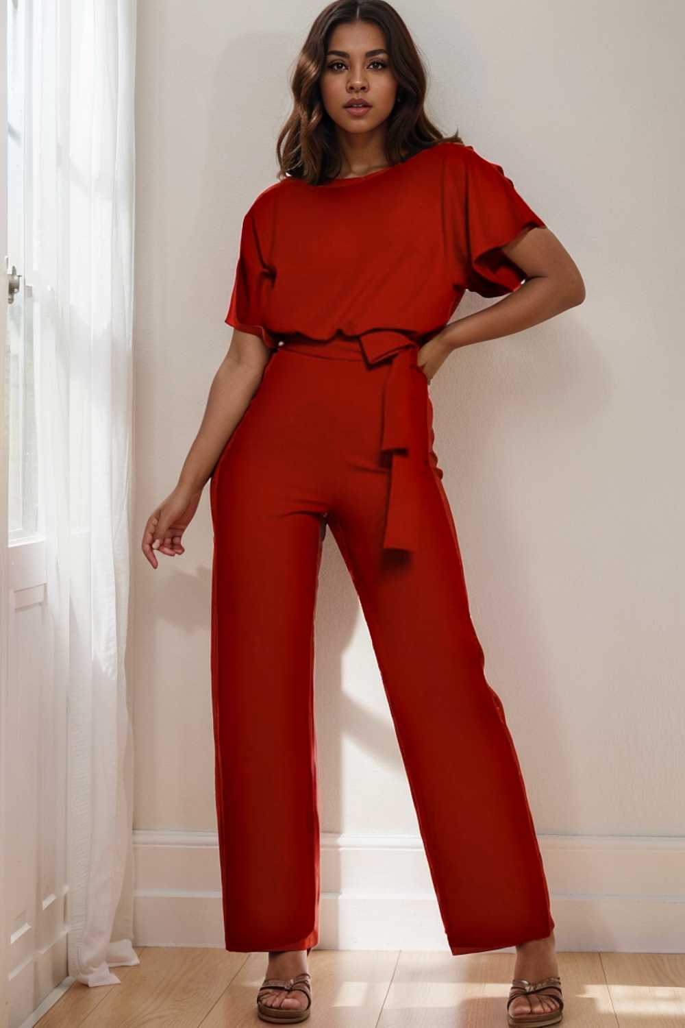 solid five point sleeve belted wide leg jumpsuit 104857