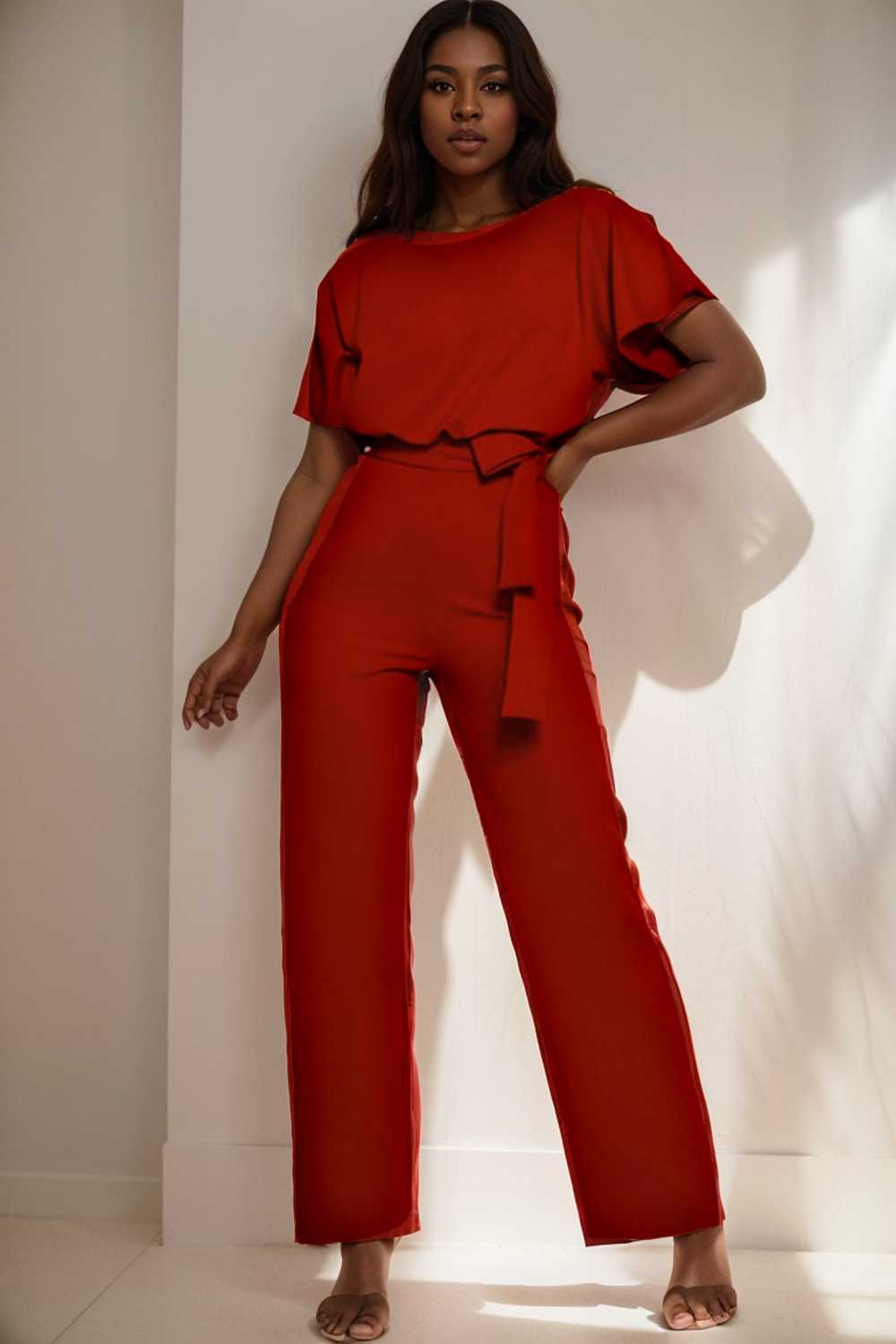 solid five point sleeve belted wide leg jumpsuit 112800