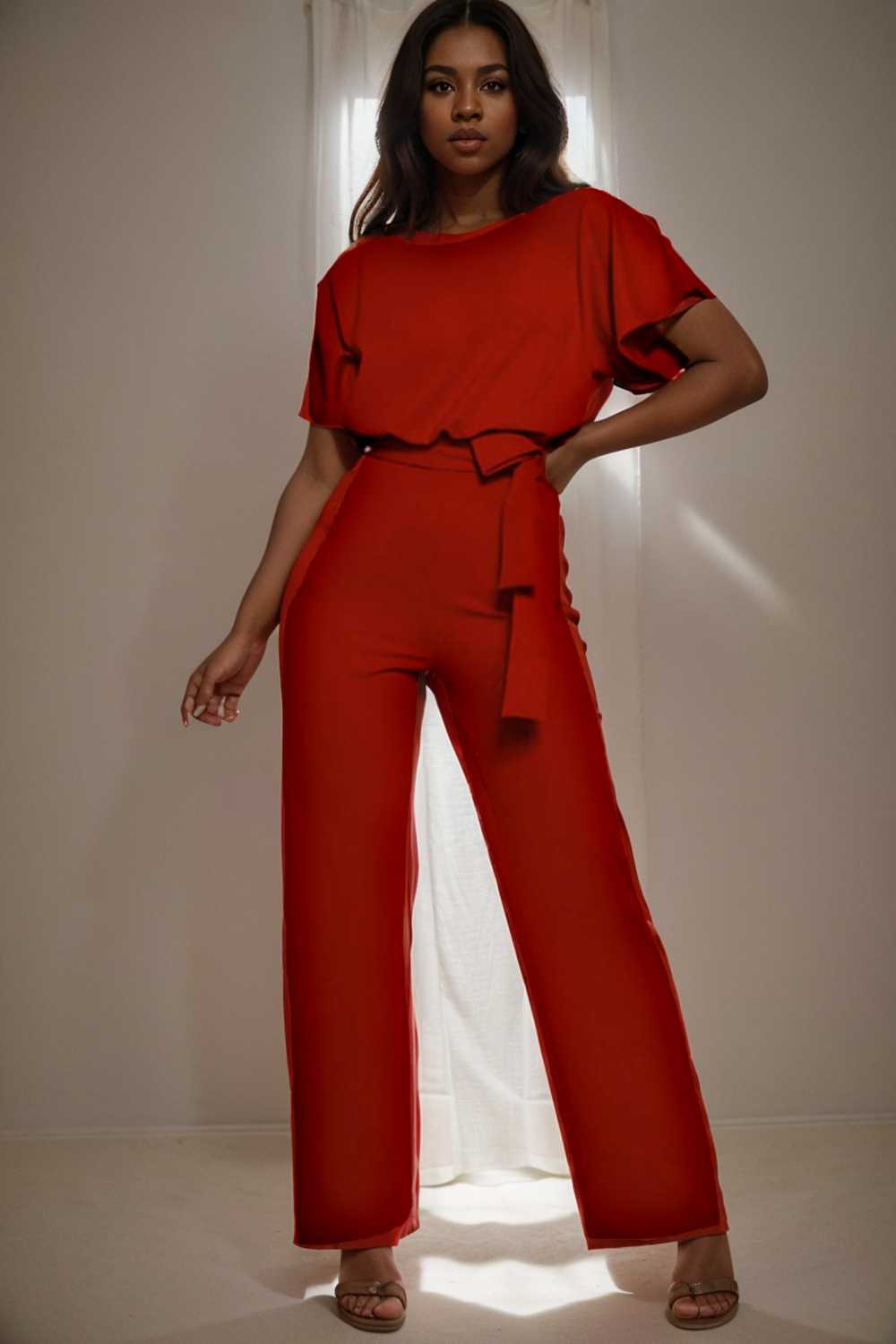 solid five point sleeve belted wide leg jumpsuit 104856