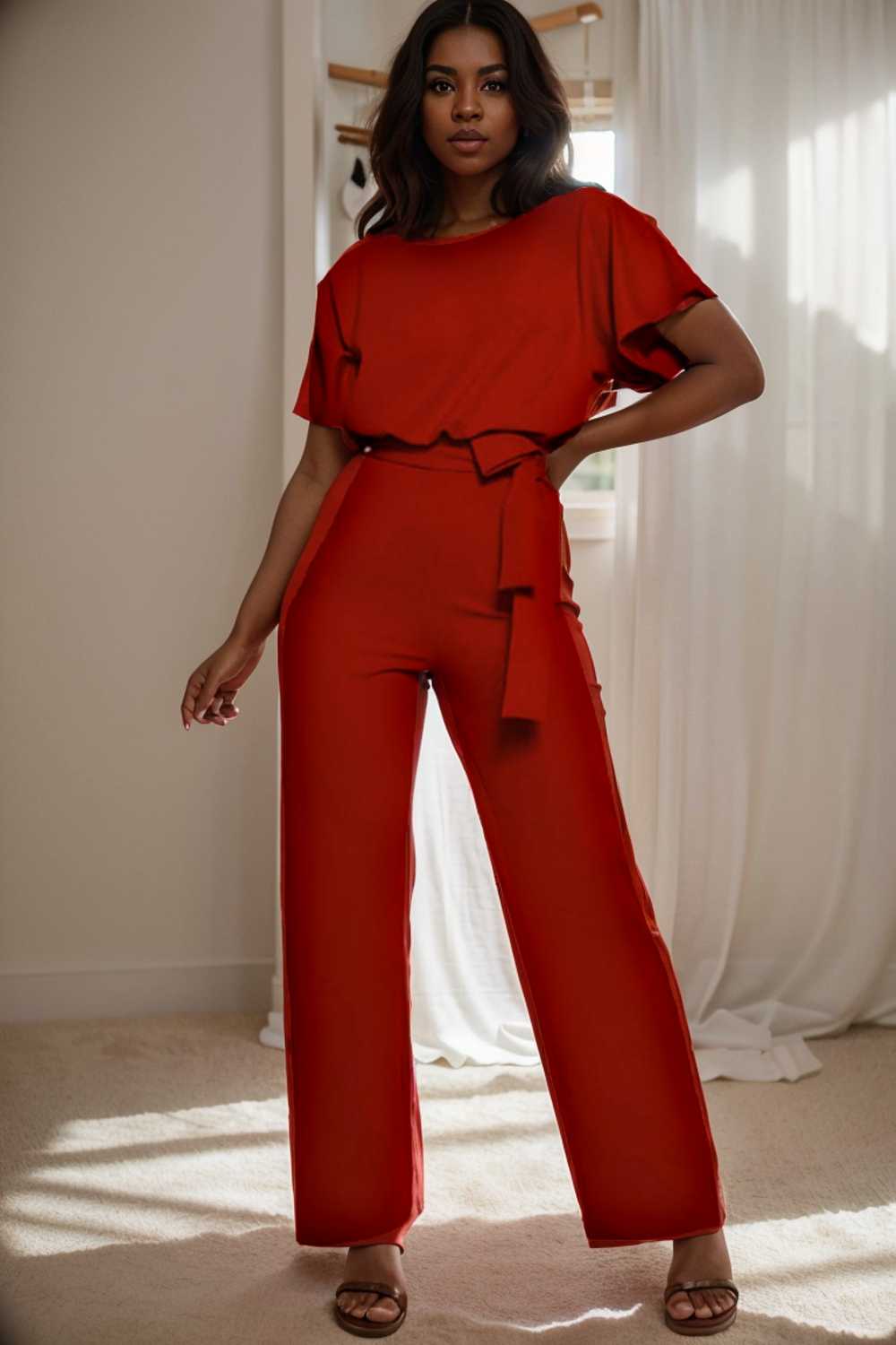 solid five point sleeve belted wide leg jumpsuit 104855