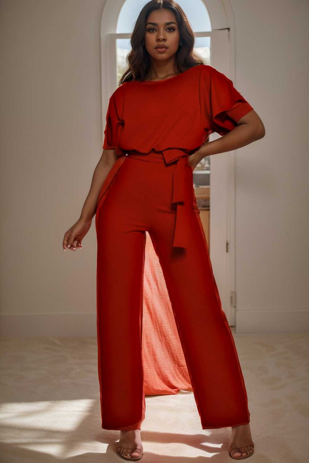 solid five point sleeve belted wide leg jumpsuit 104854