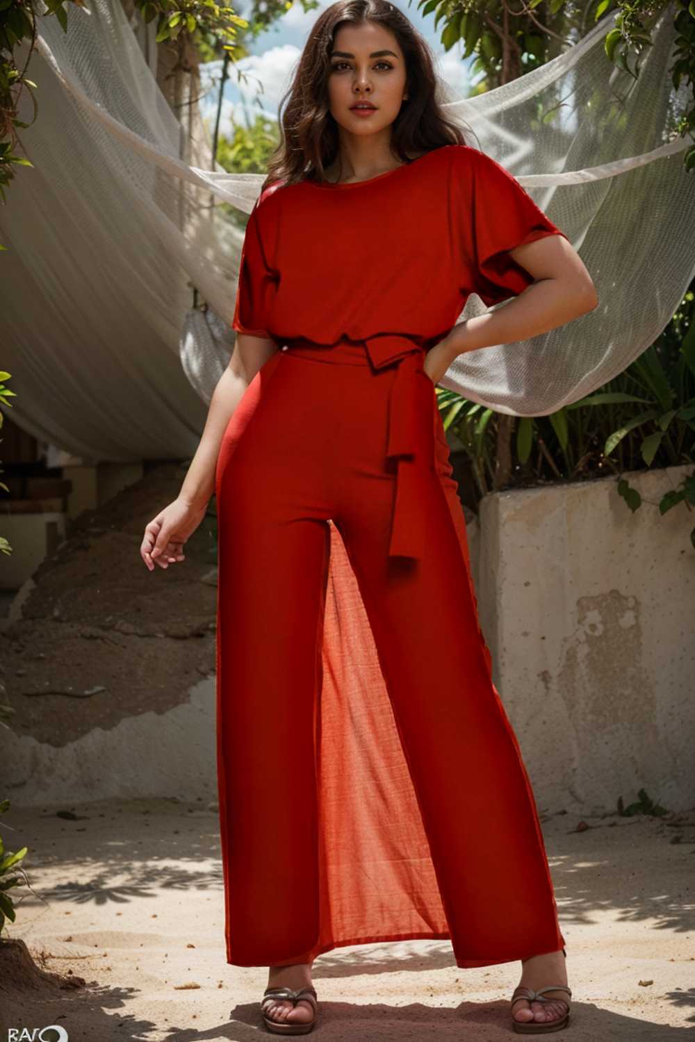 solid five point sleeve belted wide leg jumpsuit 104853