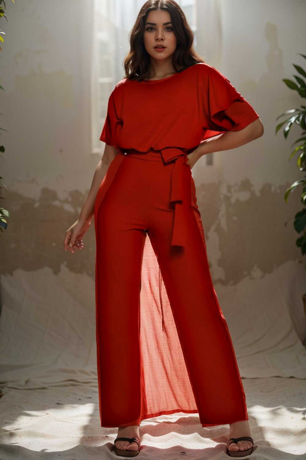 solid five point sleeve belted wide leg jumpsuit 104851