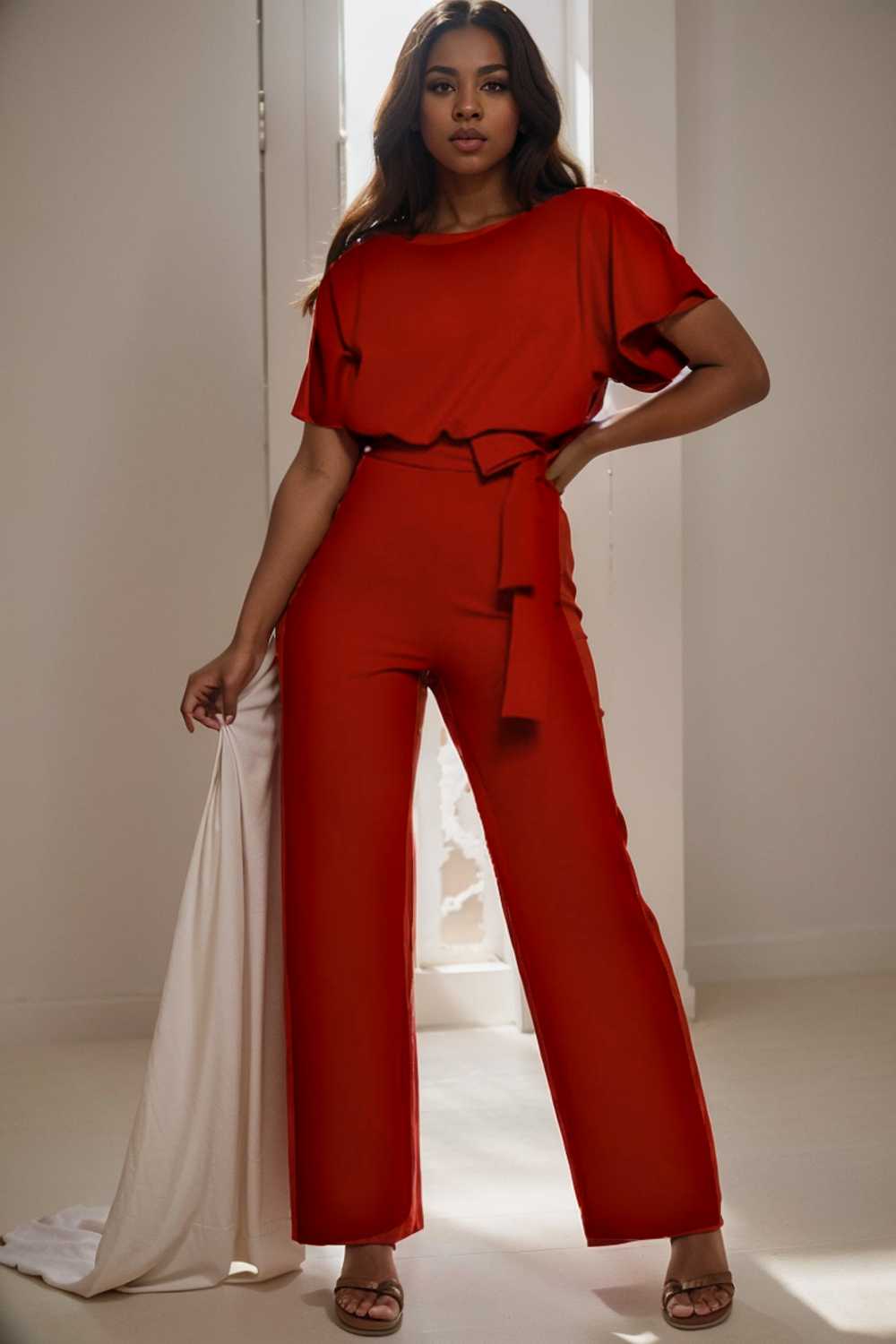 solid five point sleeve belted wide leg jumpsuit 104850