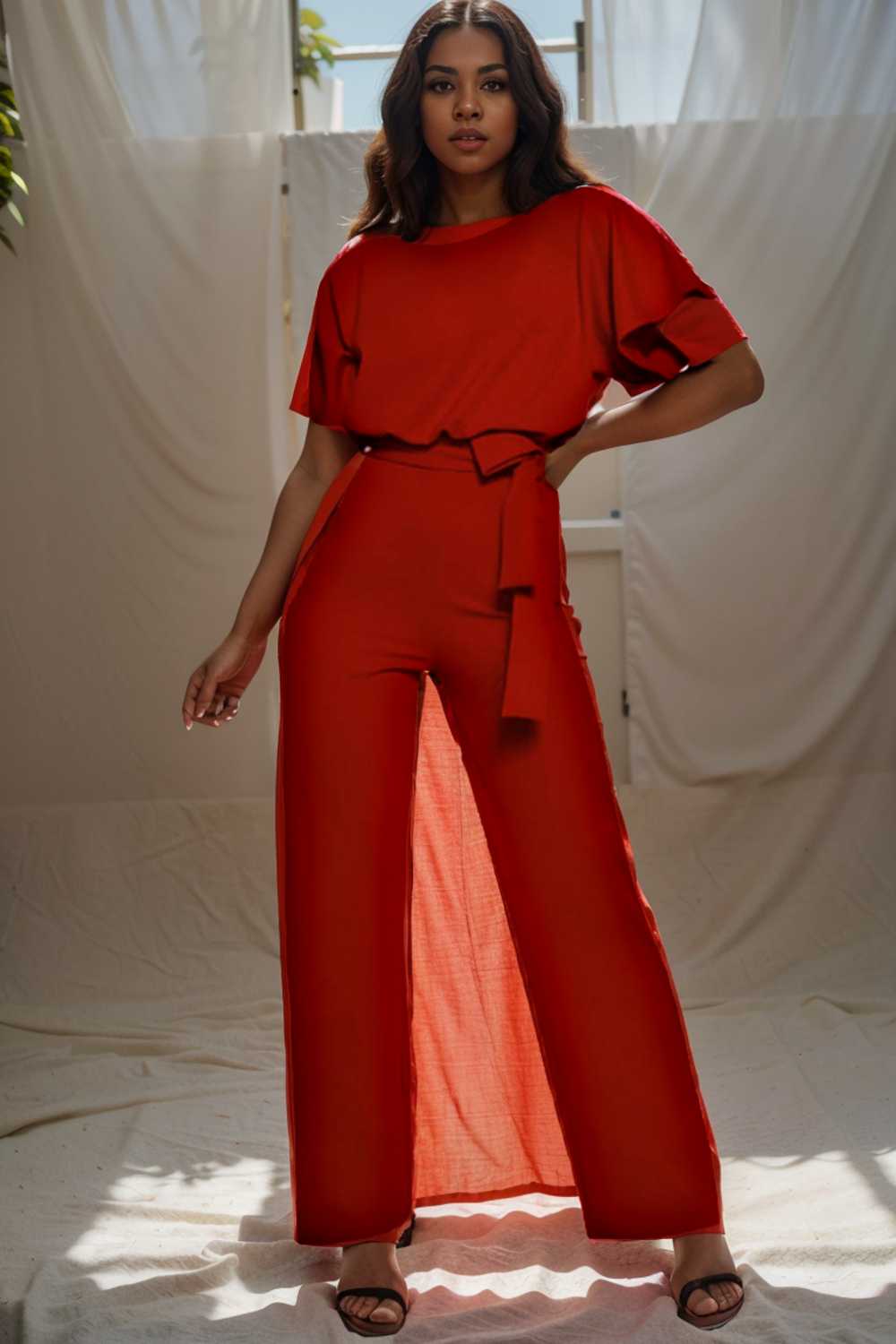 solid five point sleeve belted wide leg jumpsuit 104849