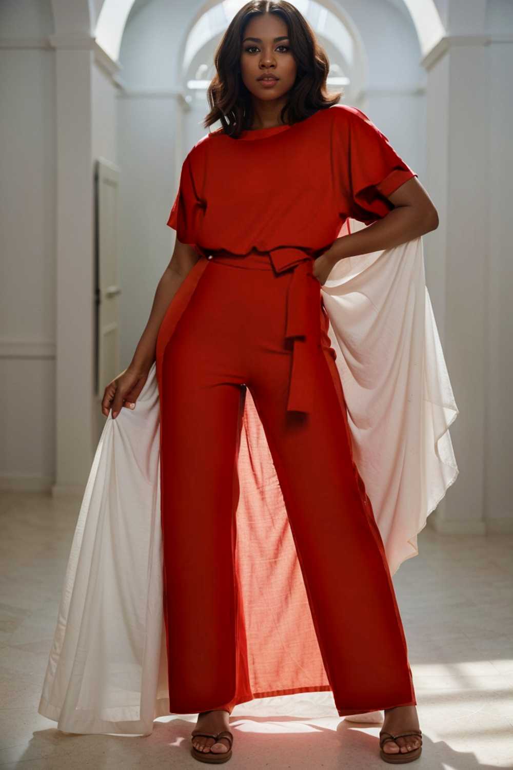solid five point sleeve belted wide leg jumpsuit 104848