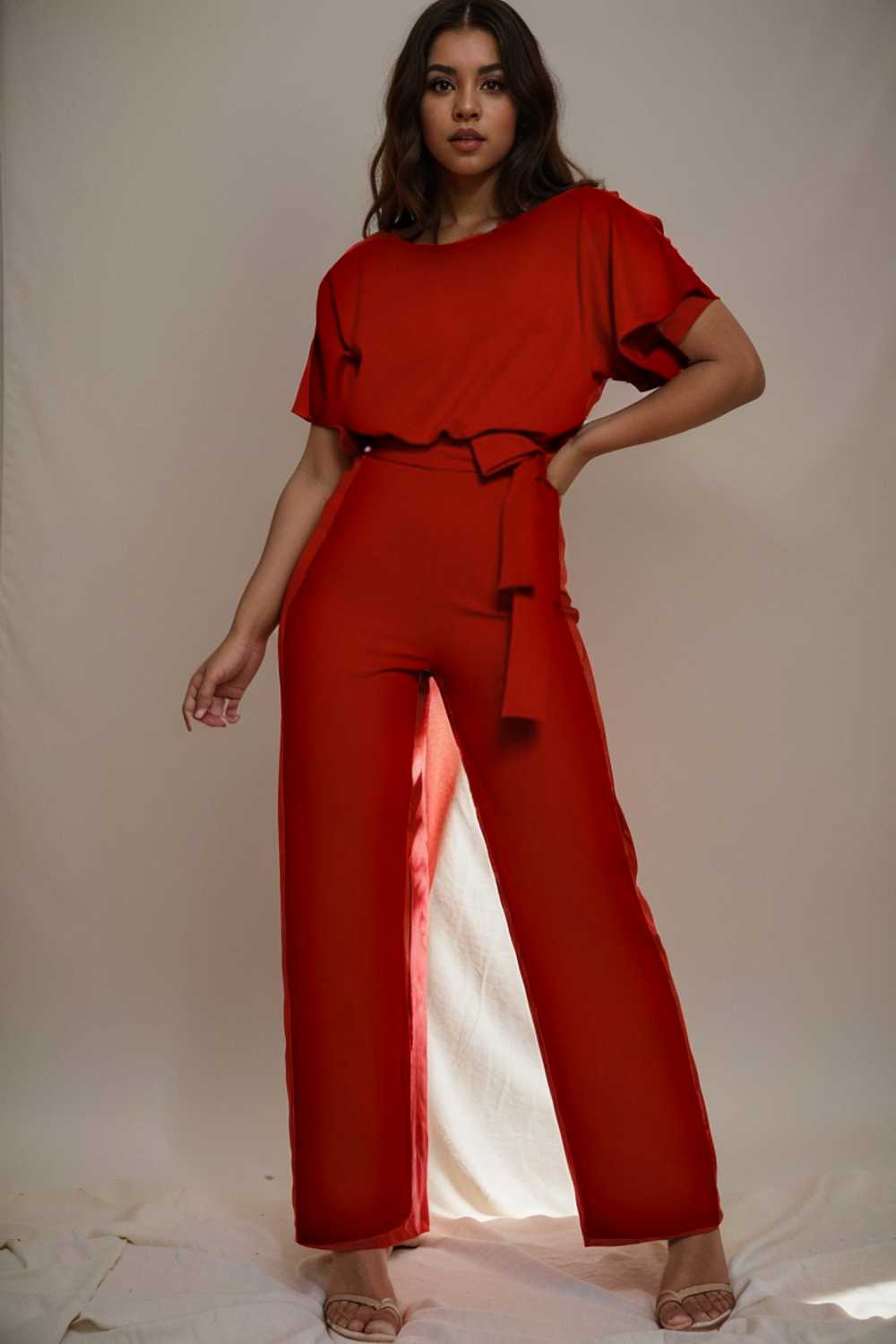 solid five point sleeve belted wide leg jumpsuit 104847