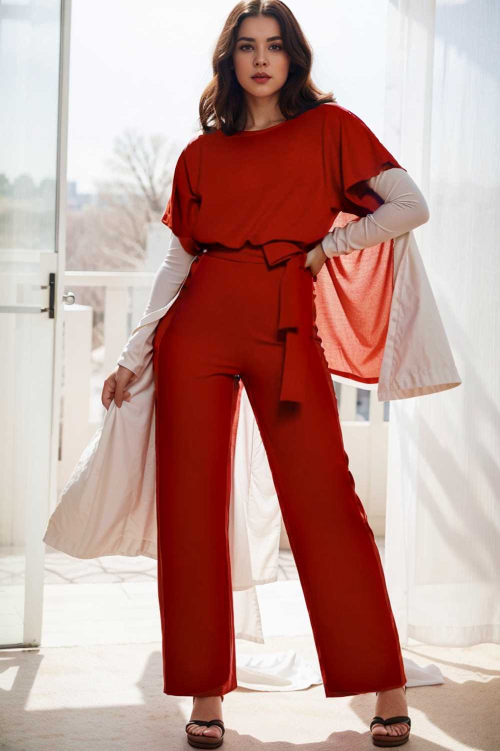 solid five point sleeve belted wide leg jumpsuit 104846