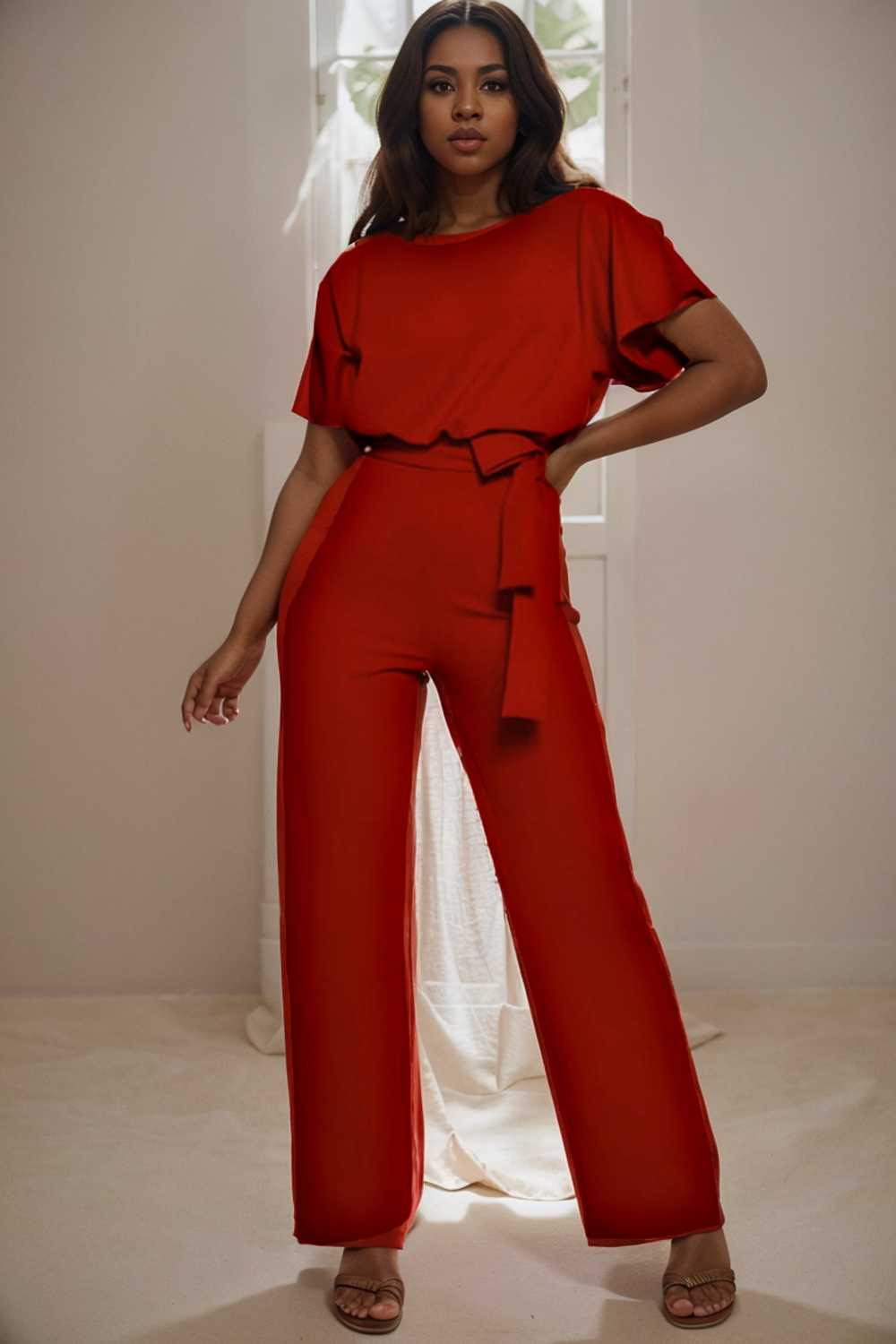 solid five point sleeve belted wide leg jumpsuit 104845
