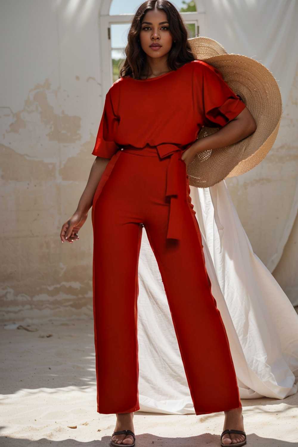 solid five point sleeve belted wide leg jumpsuit 104826