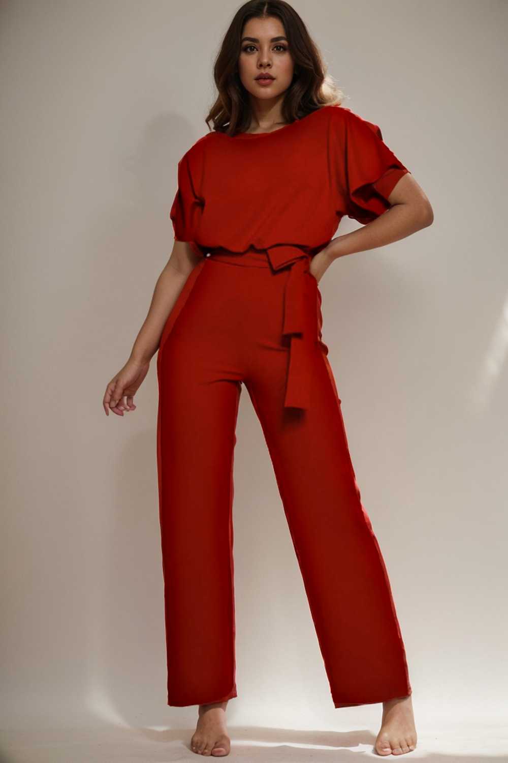 solid five point sleeve belted wide leg jumpsuit 104825