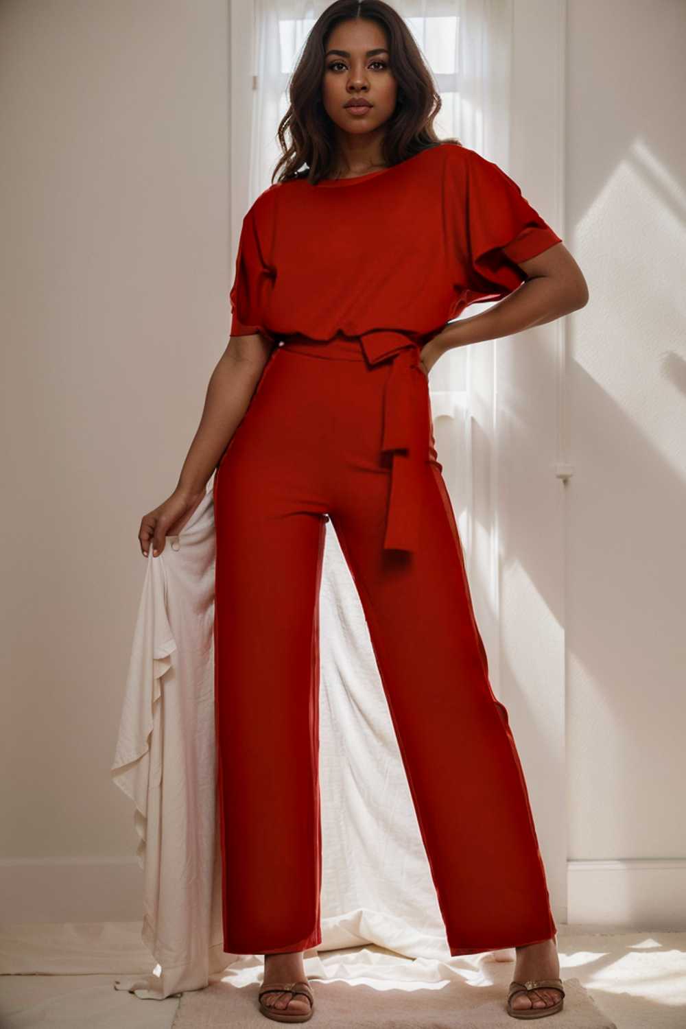 solid five point sleeve belted wide leg jumpsuit 104822