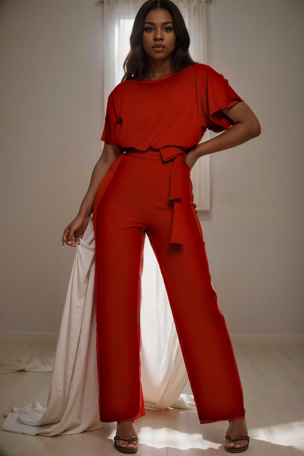 solid five point sleeve belted wide leg jumpsuit 104821