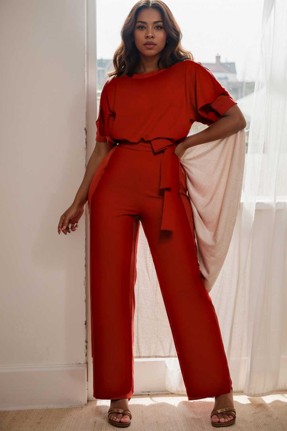 solid five point sleeve belted wide leg jumpsuit 104820