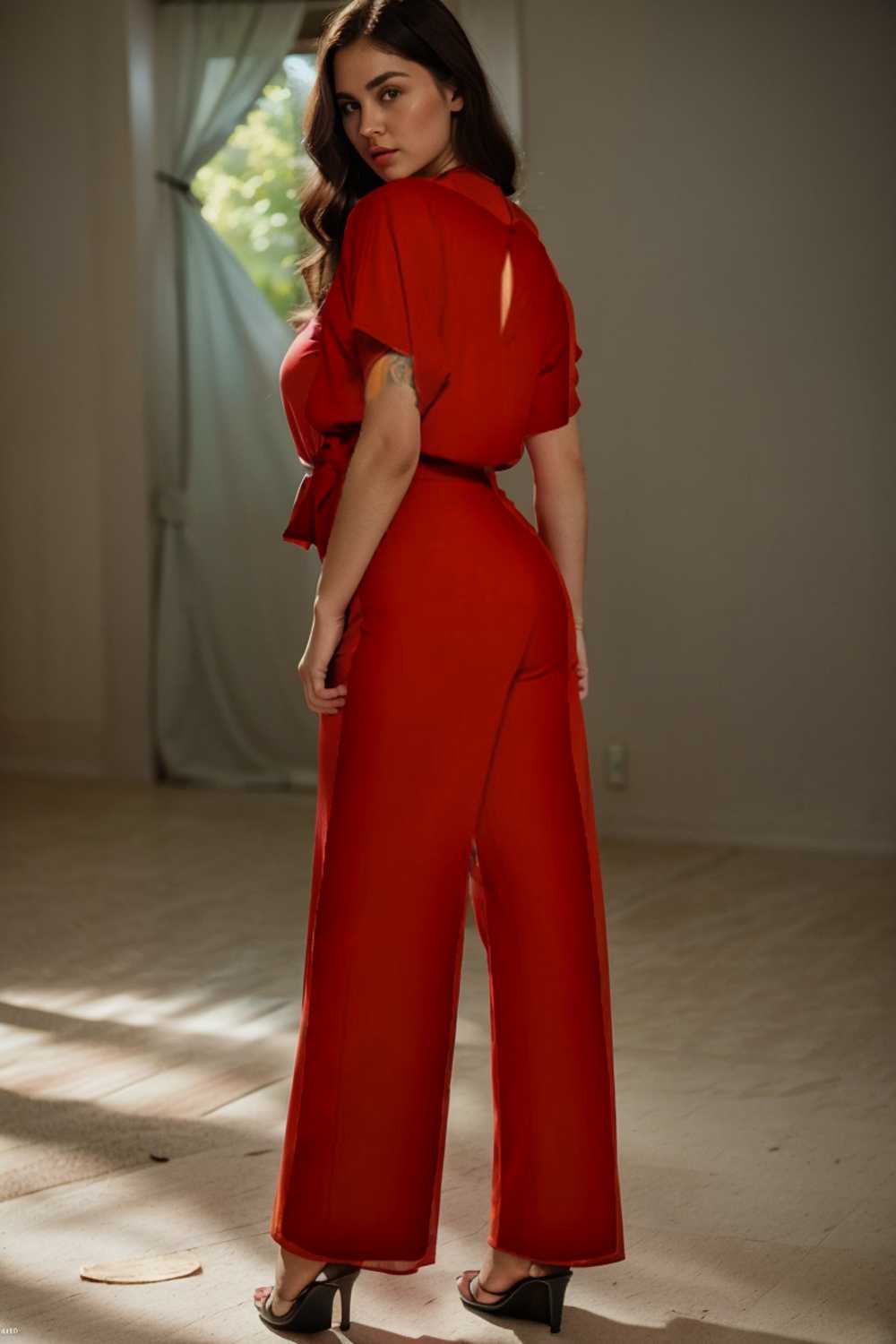 solid five point sleeve belted wide leg jumpsuit 104819