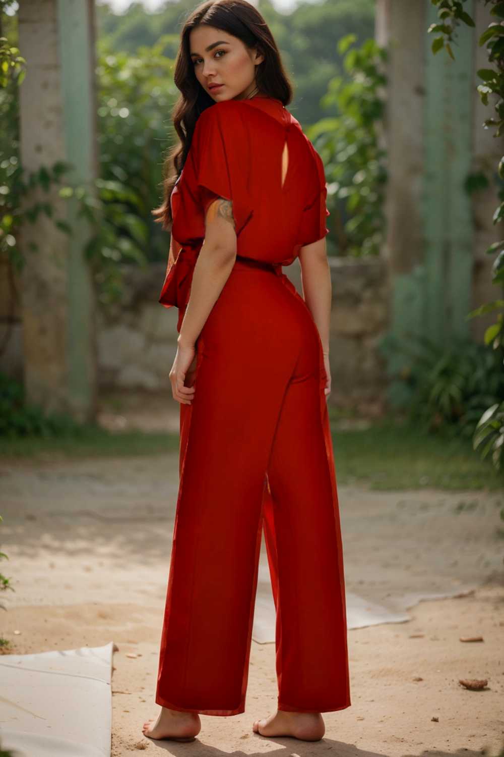 solid five point sleeve belted wide leg jumpsuit 112799