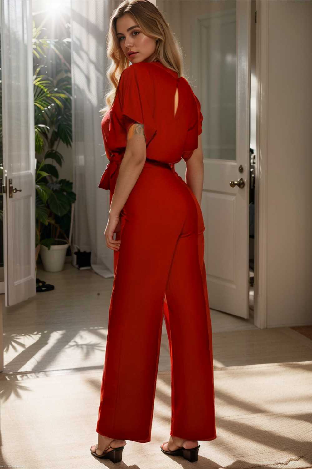 solid five point sleeve belted wide leg jumpsuit 104818