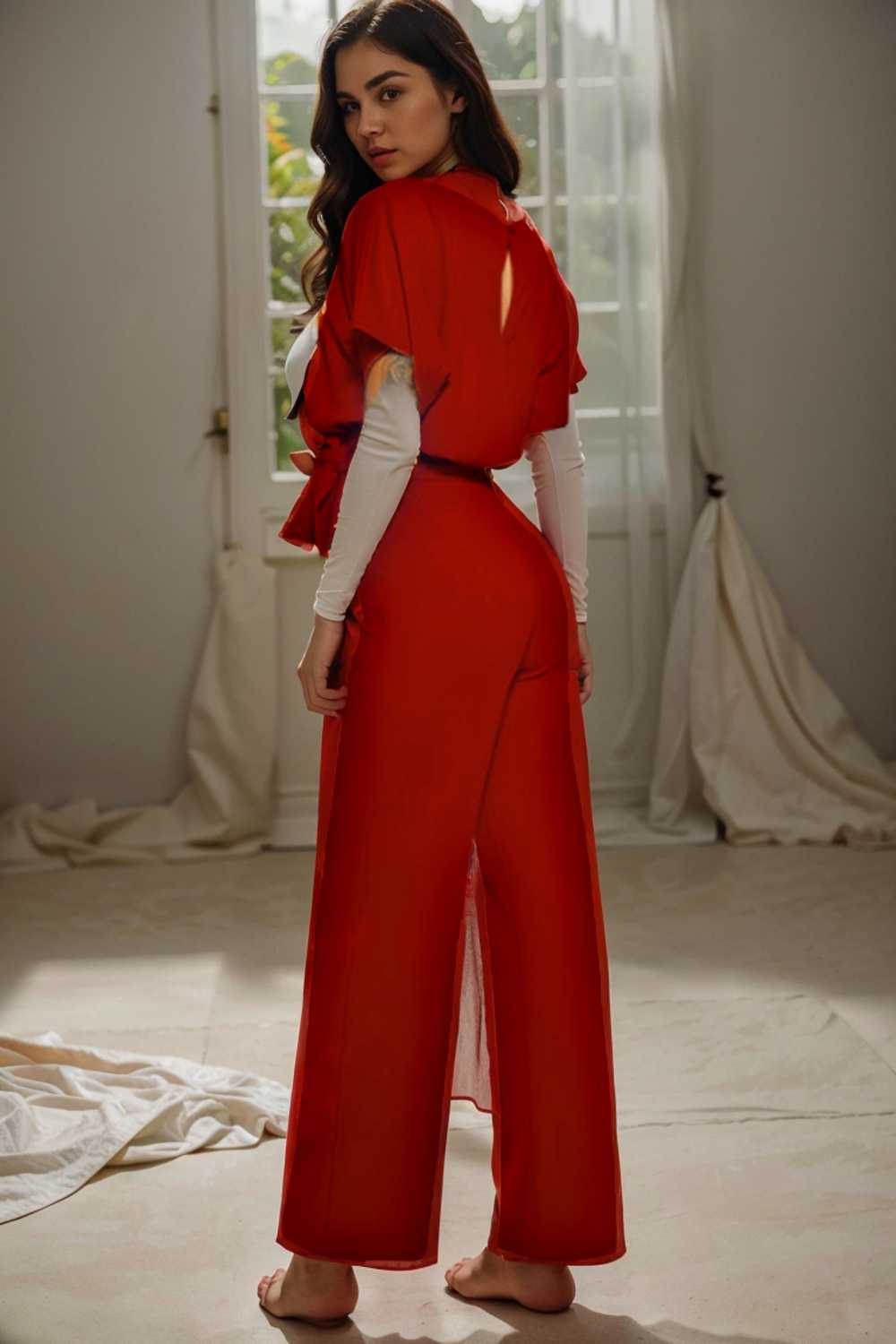 solid five point sleeve belted wide leg jumpsuit 104817