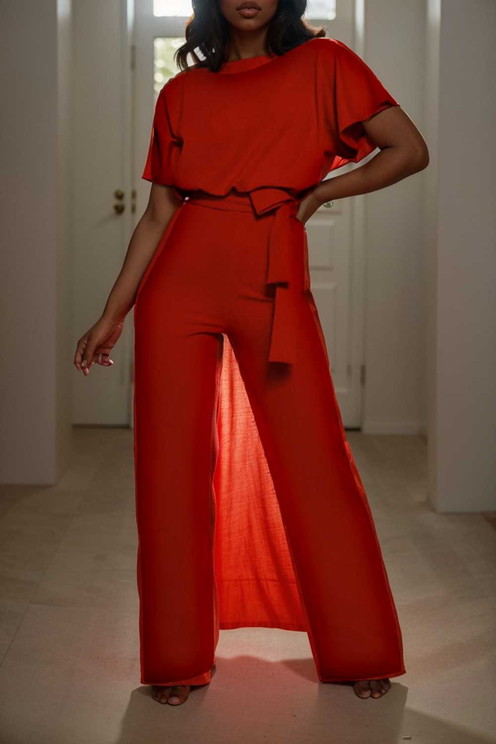 solid five point sleeve belted wide leg jumpsuit 112778