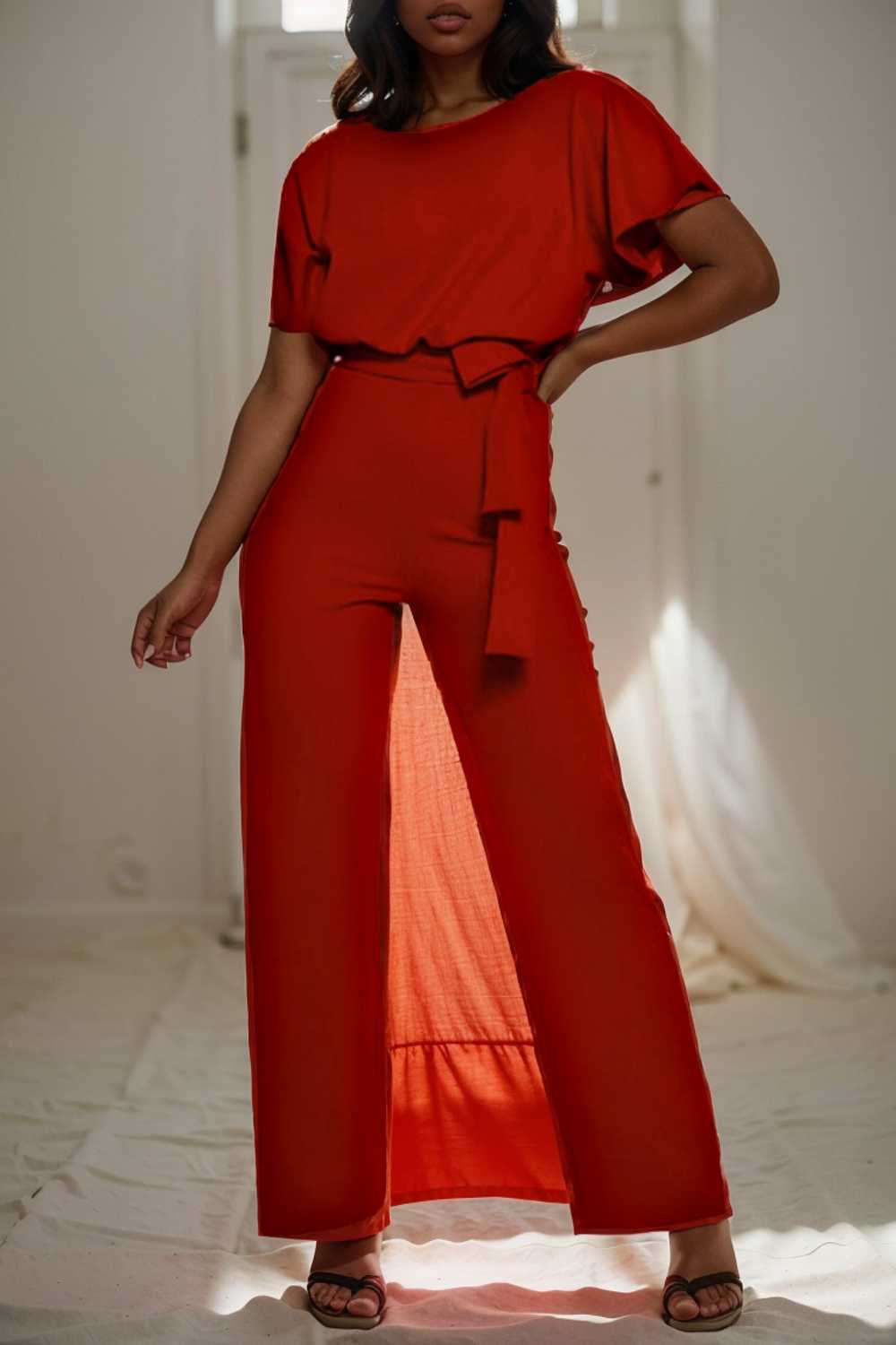 solid five point sleeve belted wide leg jumpsuit 112777