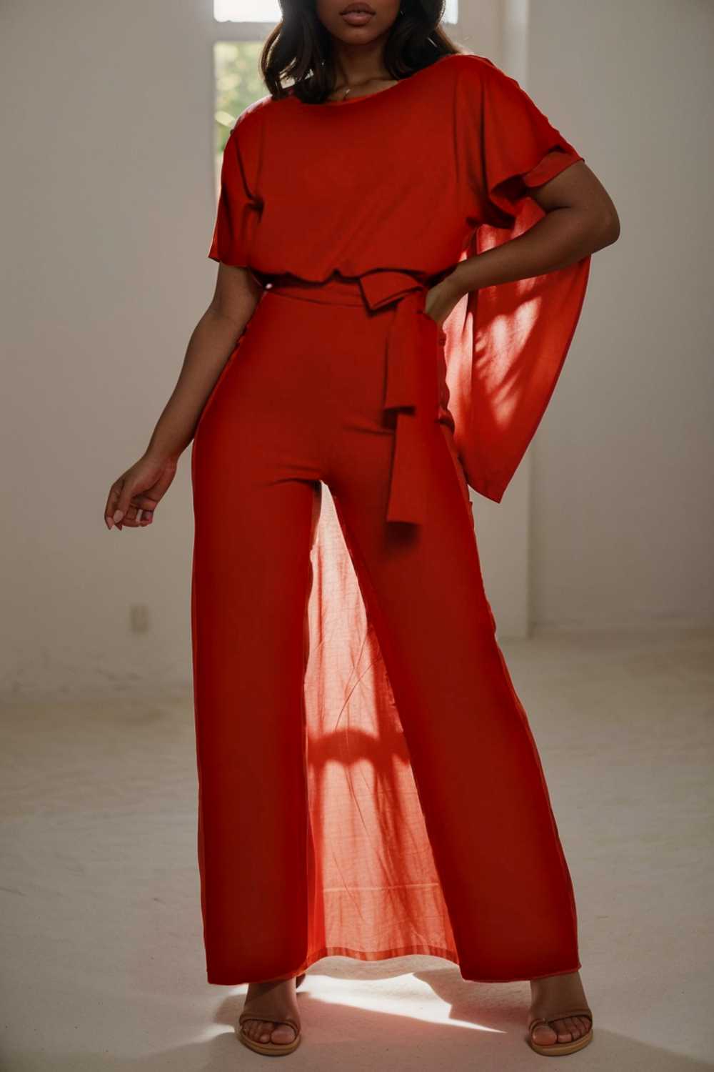 solid five point sleeve belted wide leg jumpsuit 112776