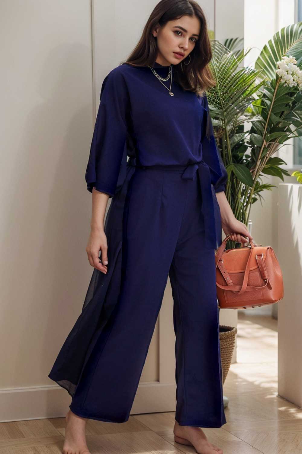 solid five point sleeve belted wide leg jumpsuit 112775