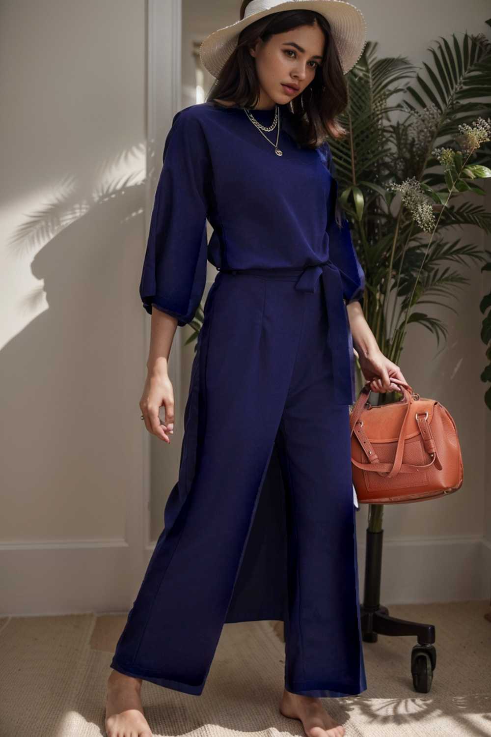 solid five point sleeve belted wide leg jumpsuit 111059