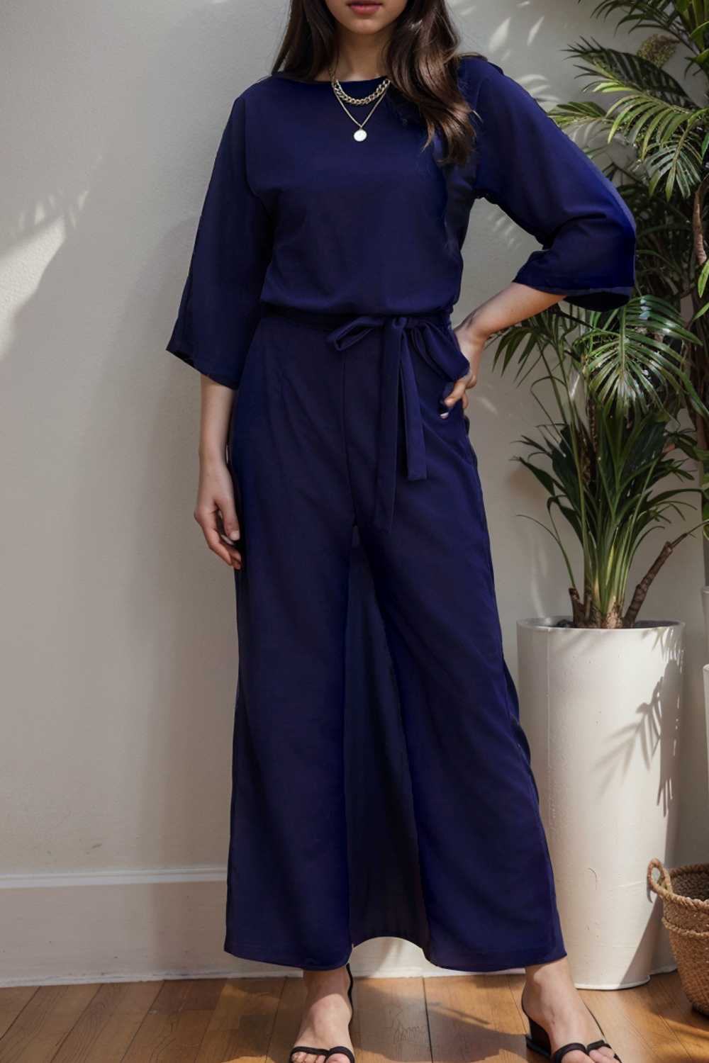 solid five point sleeve belted wide leg jumpsuit 112773