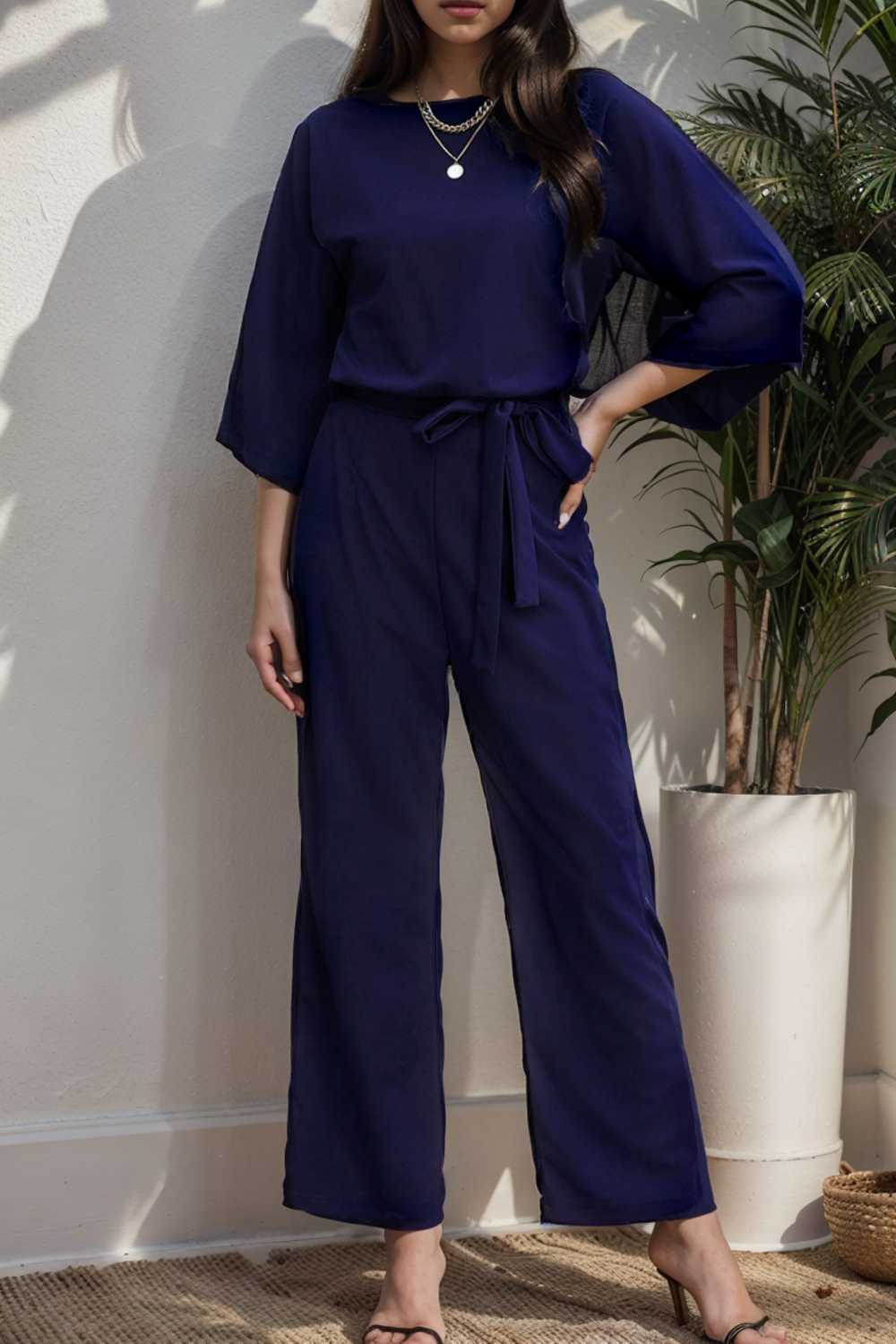 solid five point sleeve belted wide leg jumpsuit 112772
