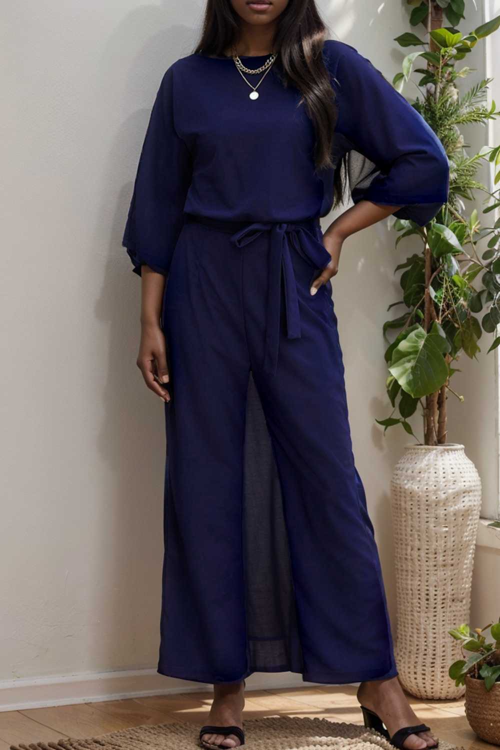 solid five point sleeve belted wide leg jumpsuit 112771
