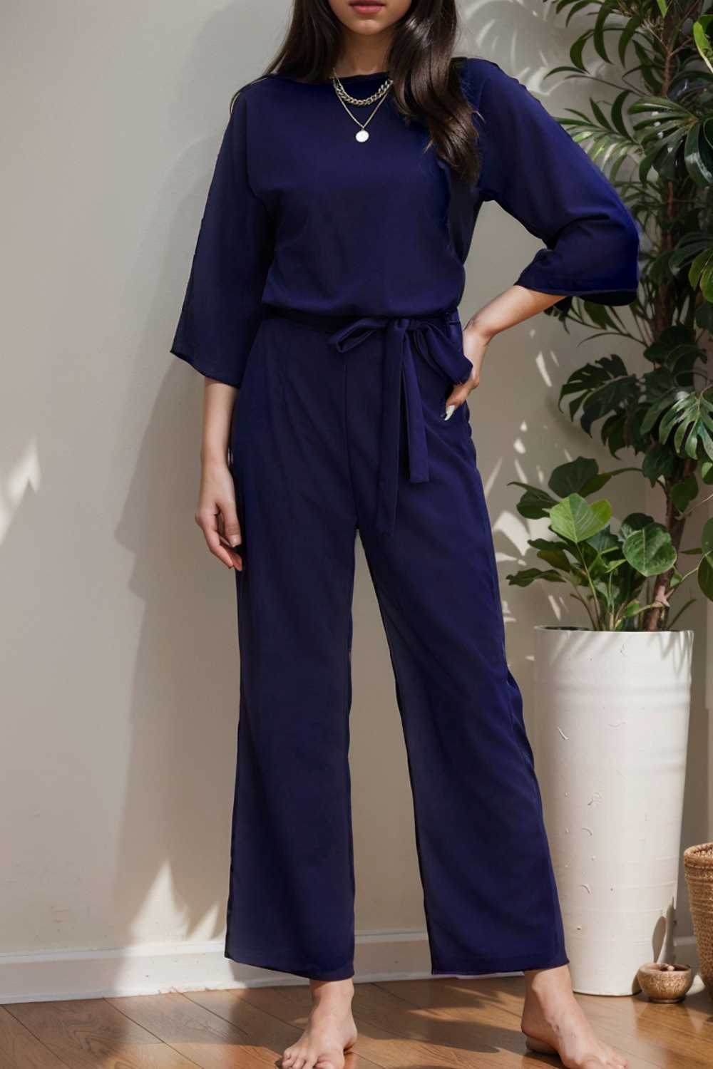 solid five point sleeve belted wide leg jumpsuit 111607