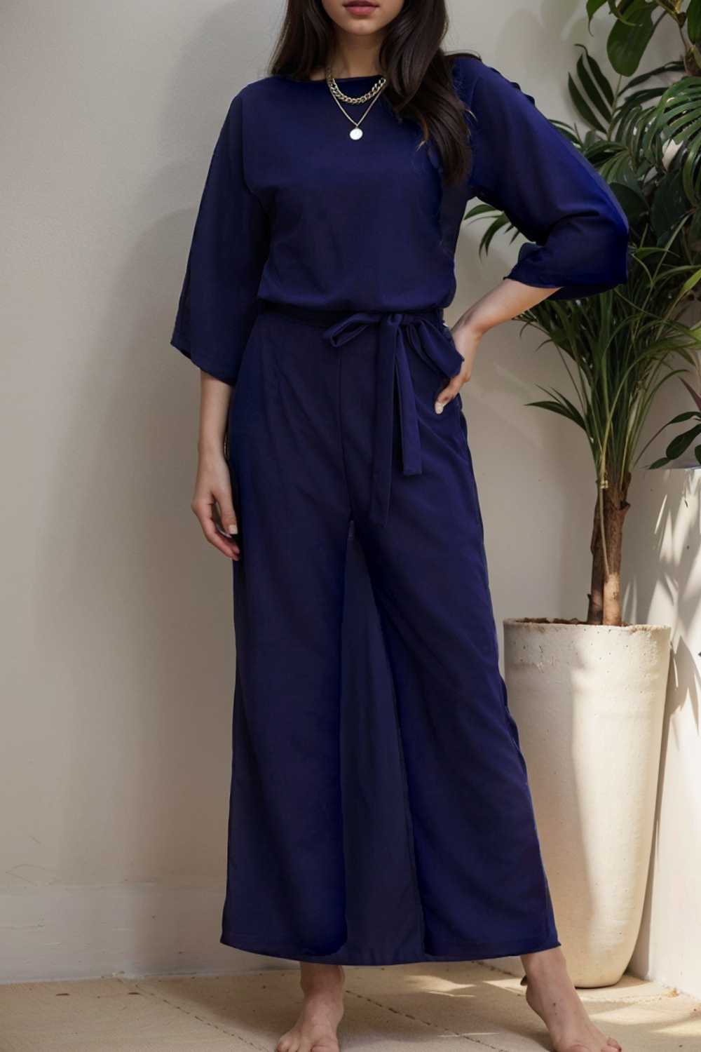 solid five point sleeve belted wide leg jumpsuit 111606