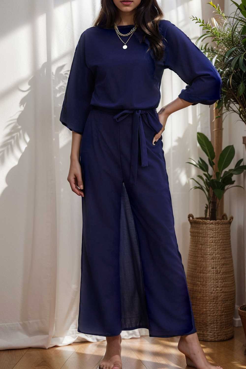 solid five point sleeve belted wide leg jumpsuit 111605