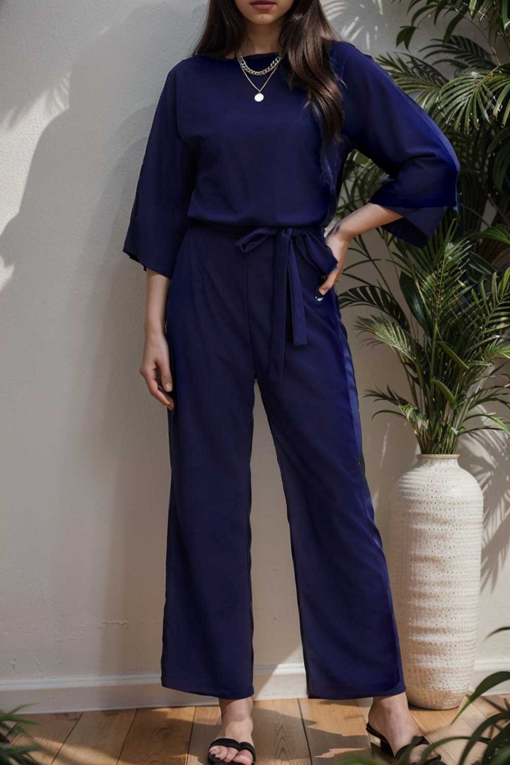 solid five point sleeve belted wide leg jumpsuit 111604