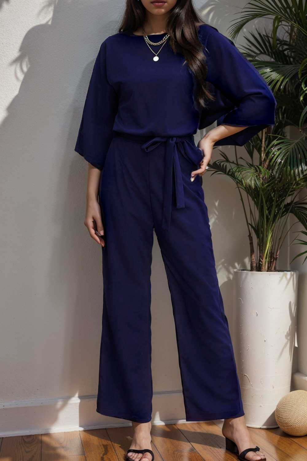 solid five point sleeve belted wide leg jumpsuit 111603
